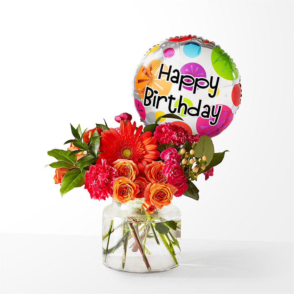 Fiesta Bouquet with Birthday Balloon – Elises Flowers, Montgomery Village MD