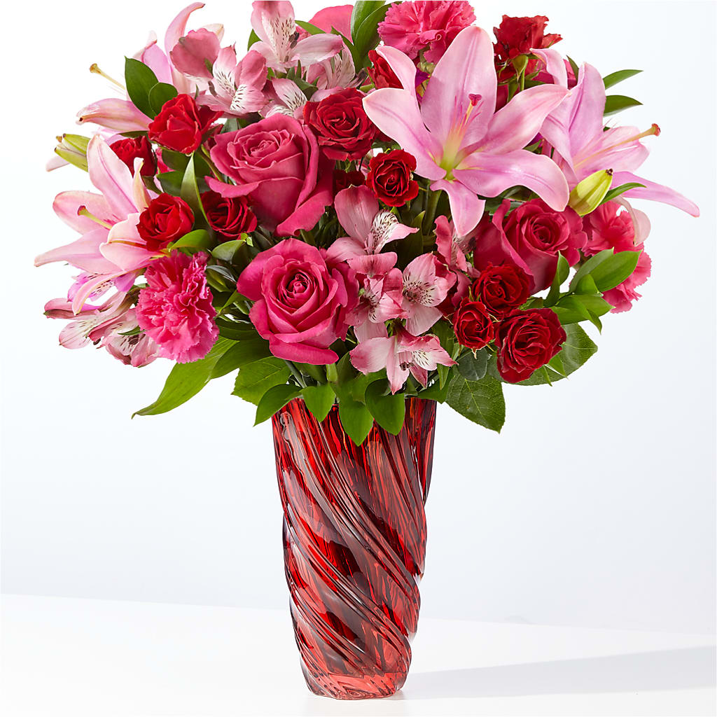 In Love Bouquet with Luxe Swirl Vase – Elises Flowers, Montgomery Village MD