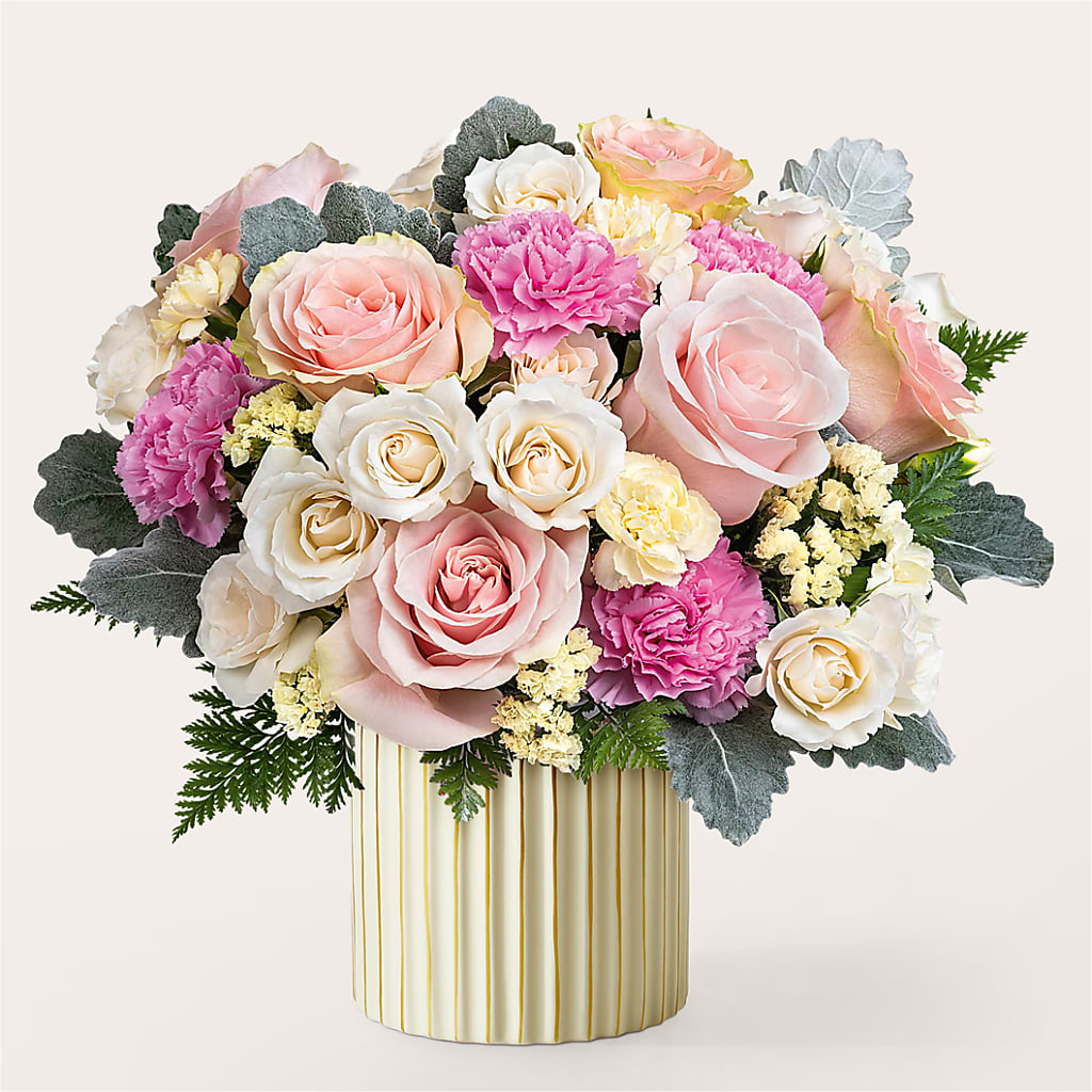 Blissful Moments Bouquet with Ivory Vase – Elises Flowers, Montgomery Village MD