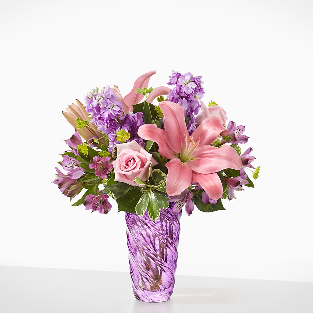 Precious Petals Bouquet with Luxe Swirl Vase – Elises Flowers, Montgomery Village MD